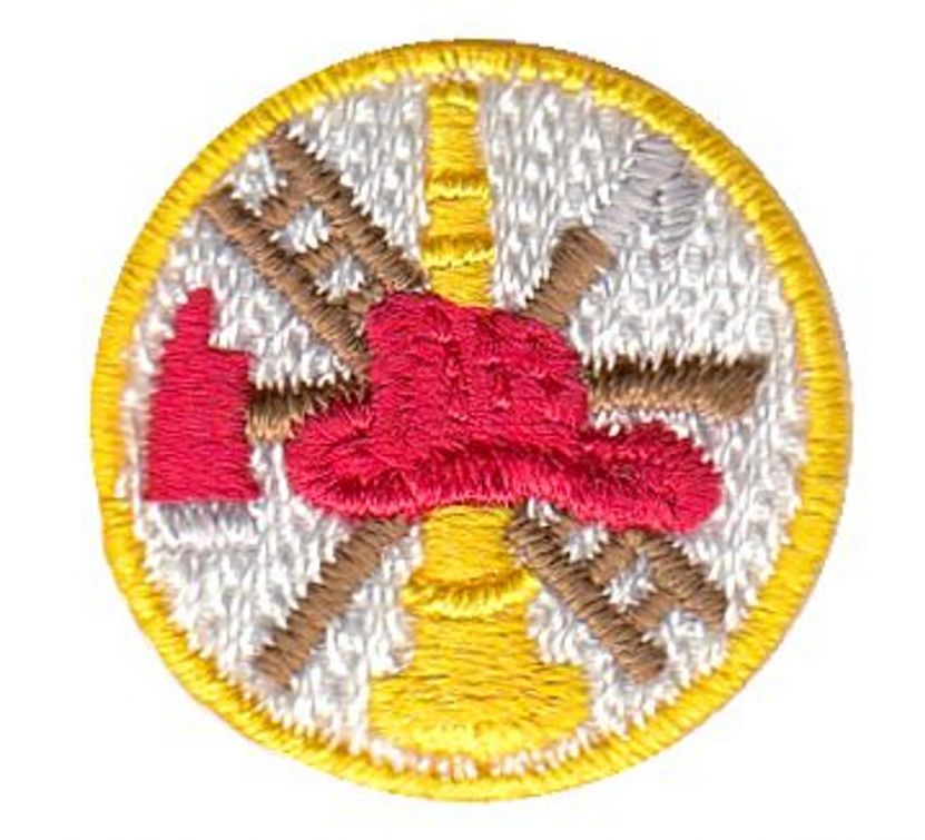 FIRE FIGHTER SCRAMBLE, 1" CIRCLE - RED, TAN & GOLD ON WHITE - SEW ON.